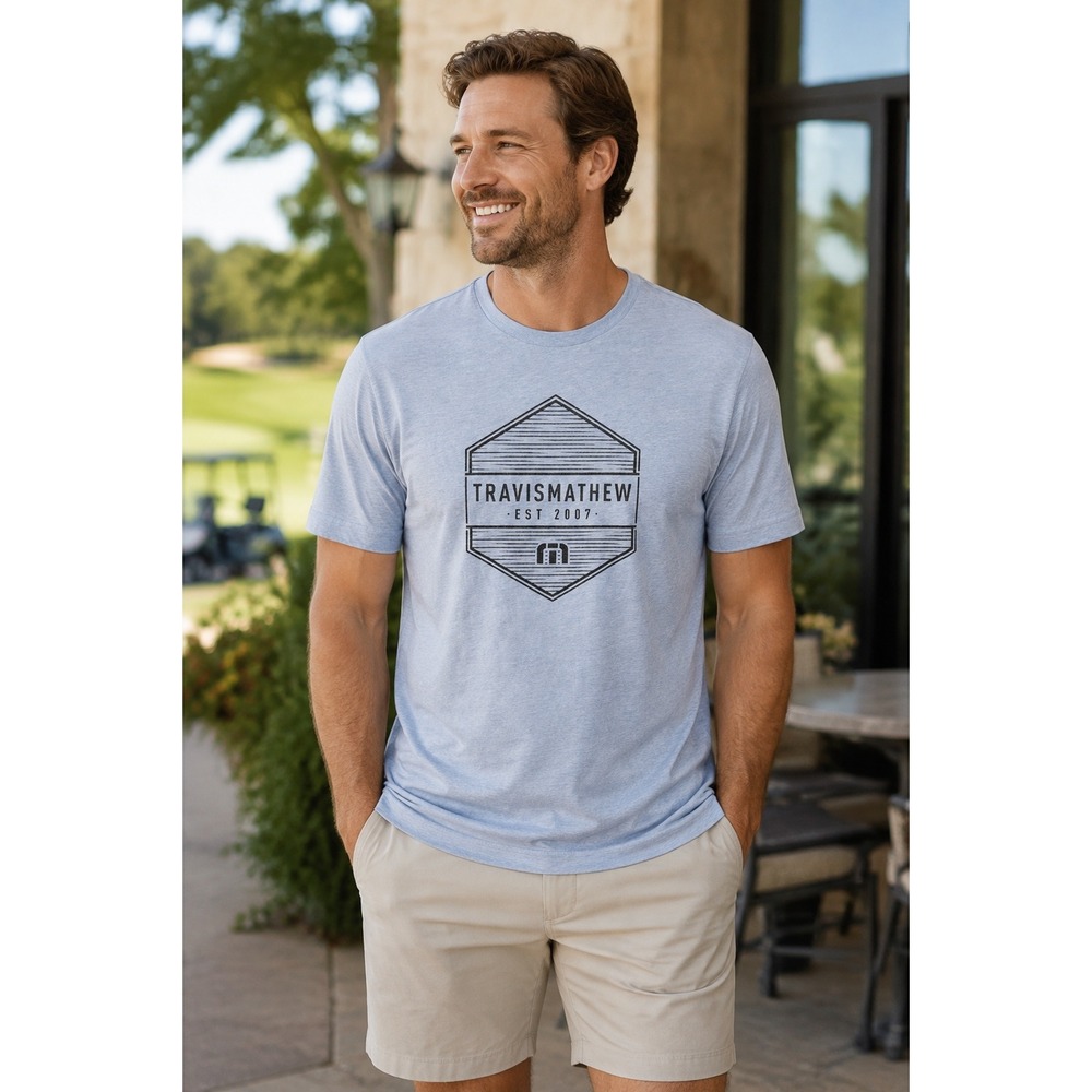TravisMathew Mens Graphic T-Shirt Light Blue Heathered Short Sleeve Size Large